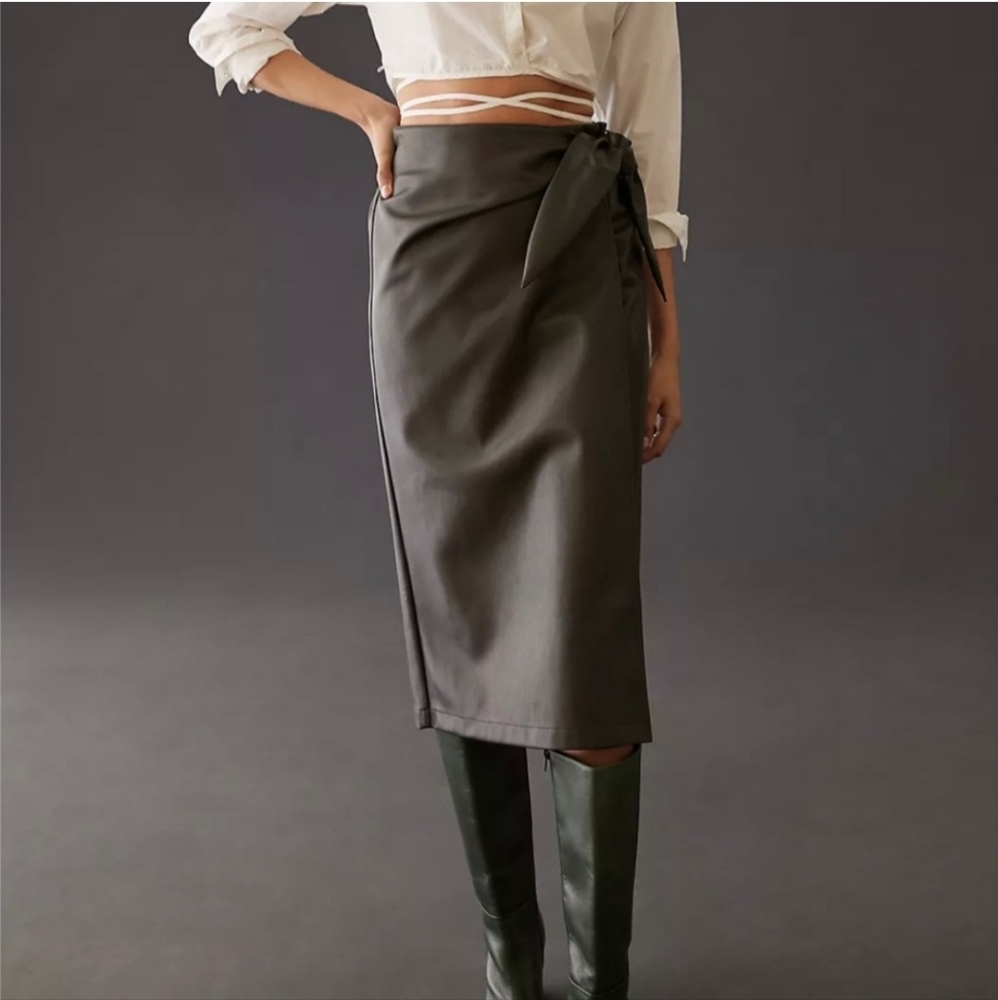 NWT, Anthropologie, Black, Faux Leather, Wrap Skirt, Size M